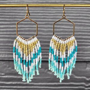 Handmade Aqua Geo Beaded Earrings Fringe Tribal Jewelry Dangle Boho Retro Y2K